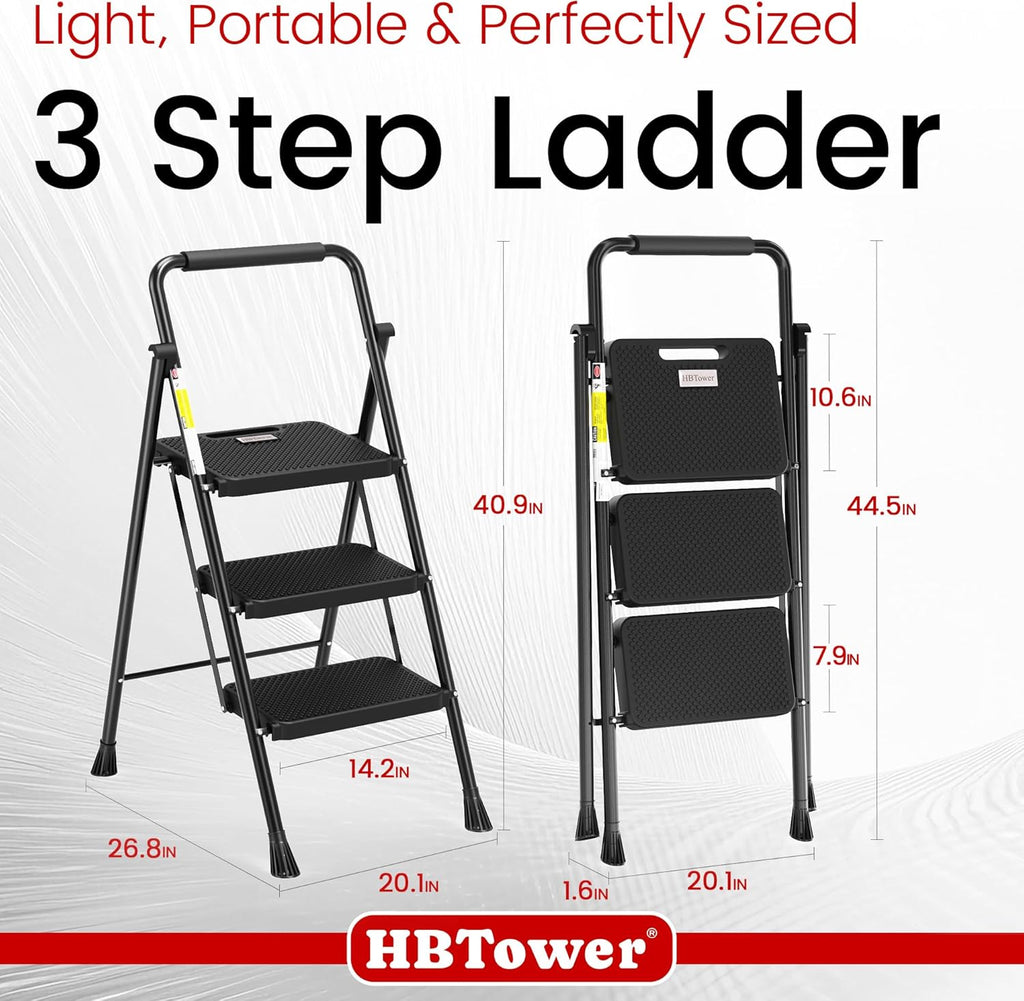 Step Ladder, Folding Step Stool with Wide Anti-Slip Pedal, Sturdy Steel Ladder, Convenient Handrail, Lightweight