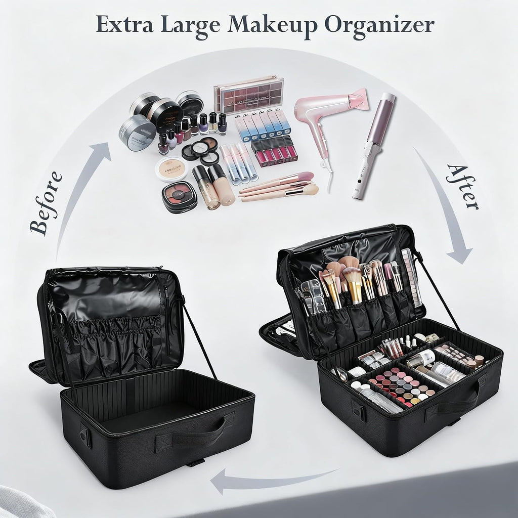 Large Makeup Bag, 3 Layers 17” Makeup Case Organizer with Mirror Professional Cosmetic Storage Backpack Box Travel