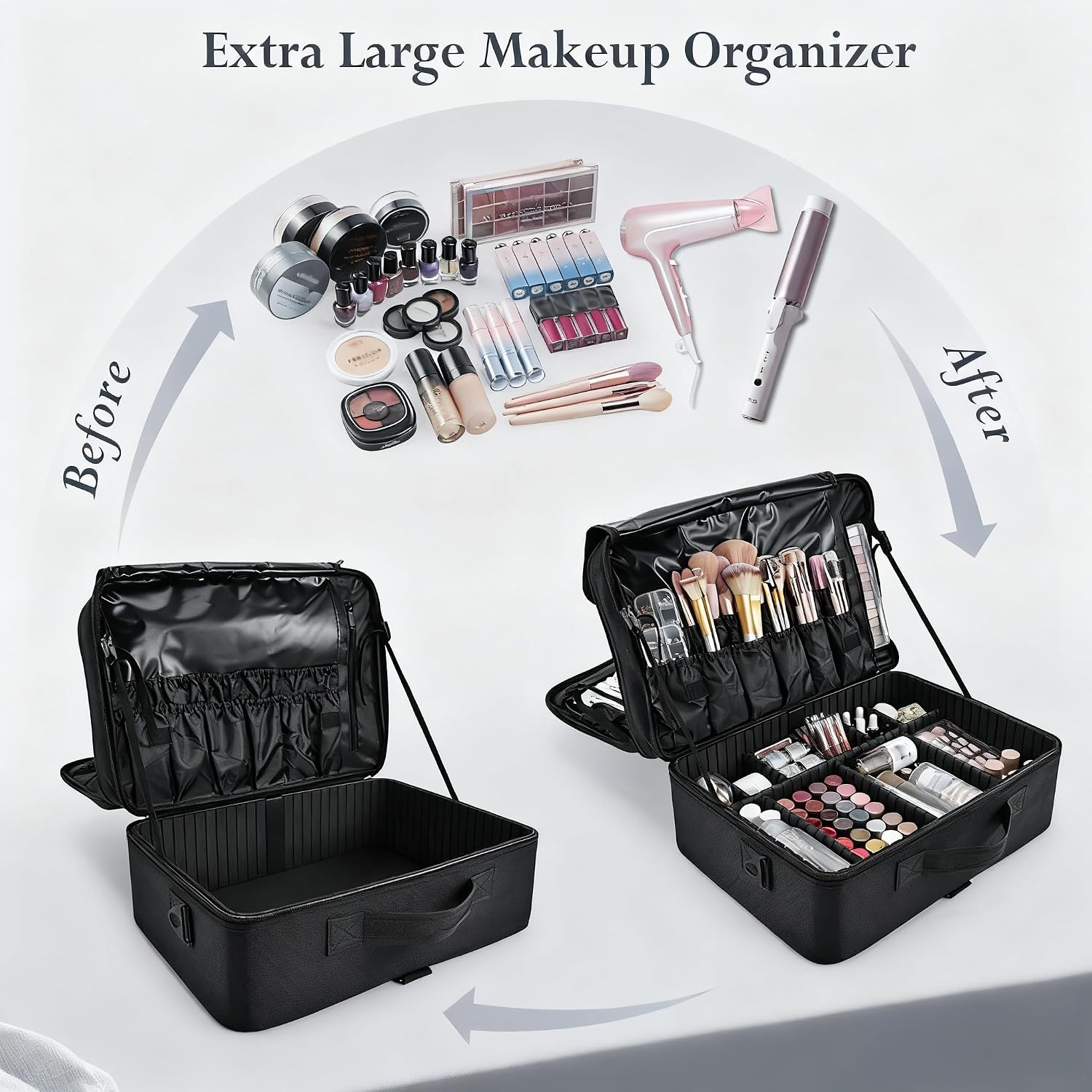 Large Makeup Bag, 3 Layers 17” Makeup Case Organizer with Mirror Professional Cosmetic Storage Backpack Box Travel