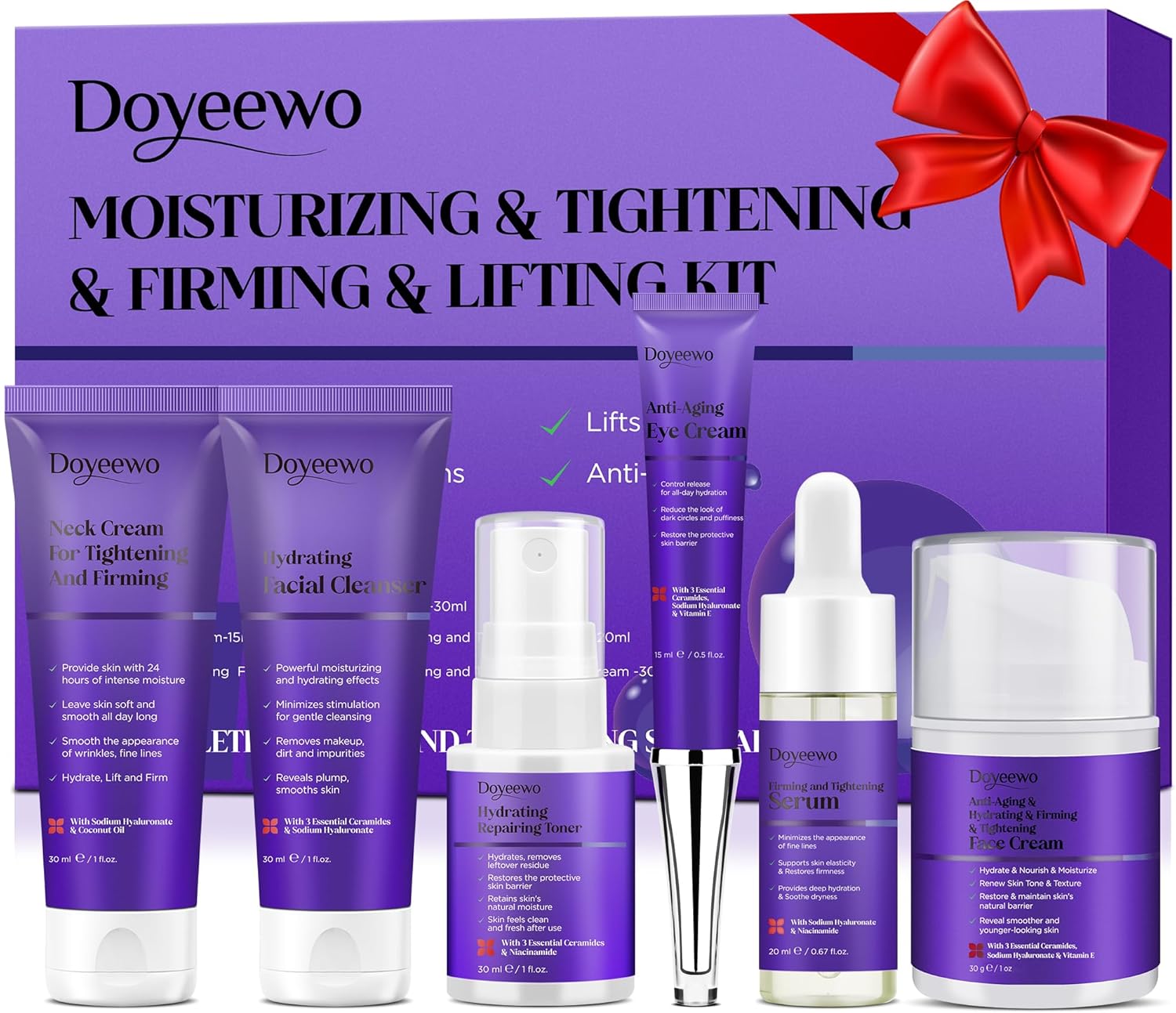 Skin Care Set,6Pcs Professional Womens Teens Tighten Lift Firm Skincare,Hydrate Anti-Aging Facial Routine Kit Travel