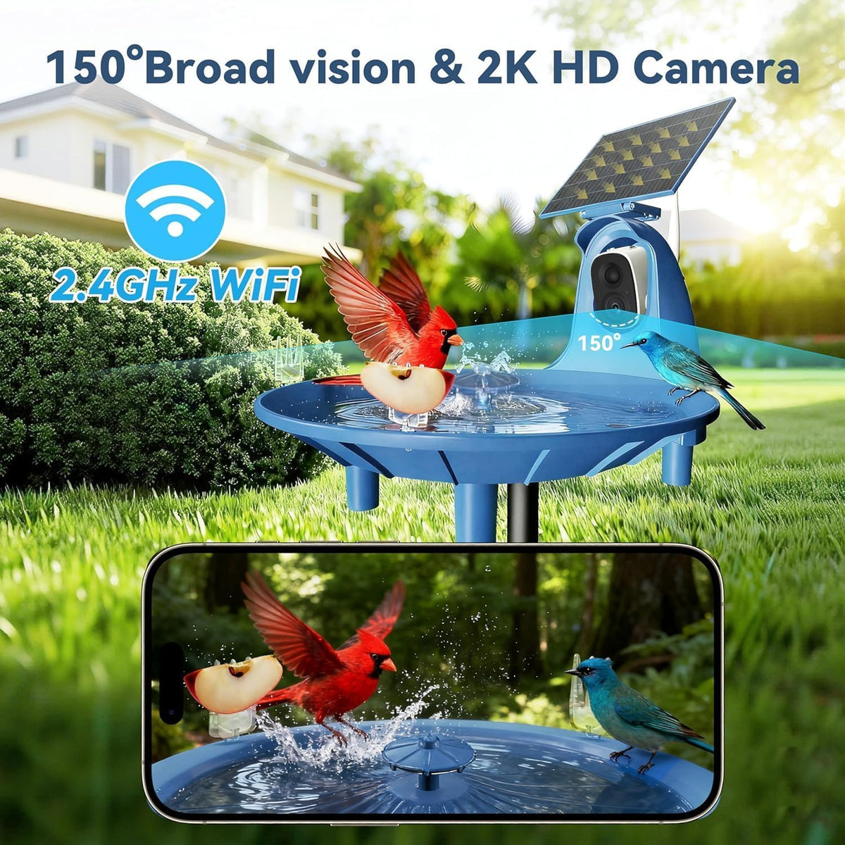 Solar Bird Bath with 2K Camera, Solar Smart Bird Fountain Outdoor