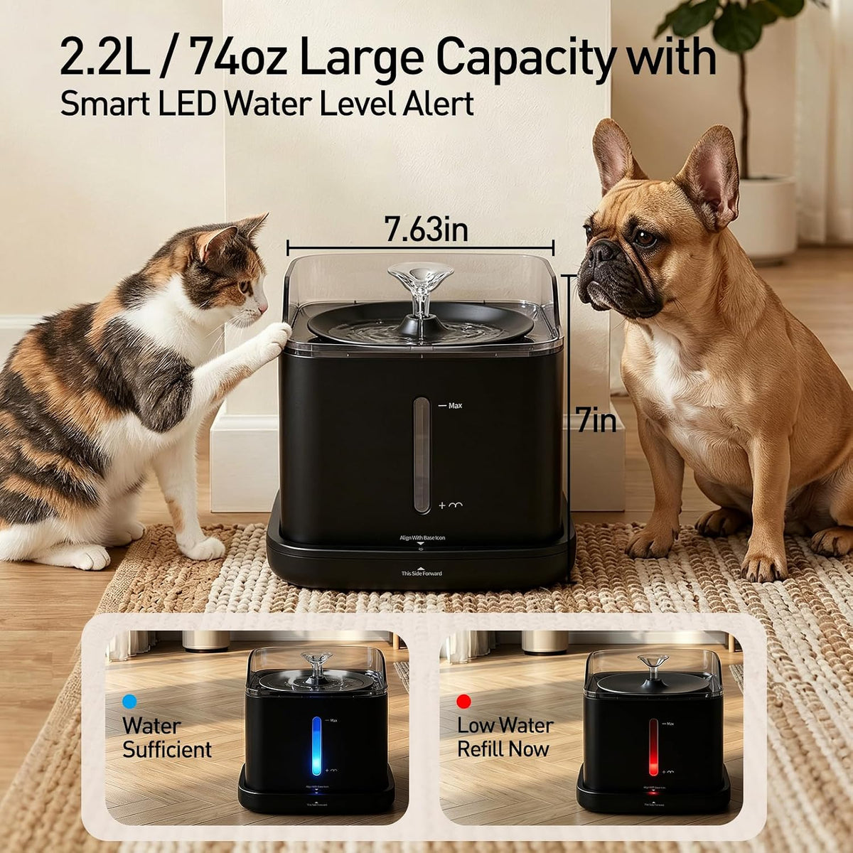 Cat Water Fountain, 2.2L Automatic Pet Water Fountain for Cats and Small Dogs, 2.4GHz WiFi App Control, Rechargeable