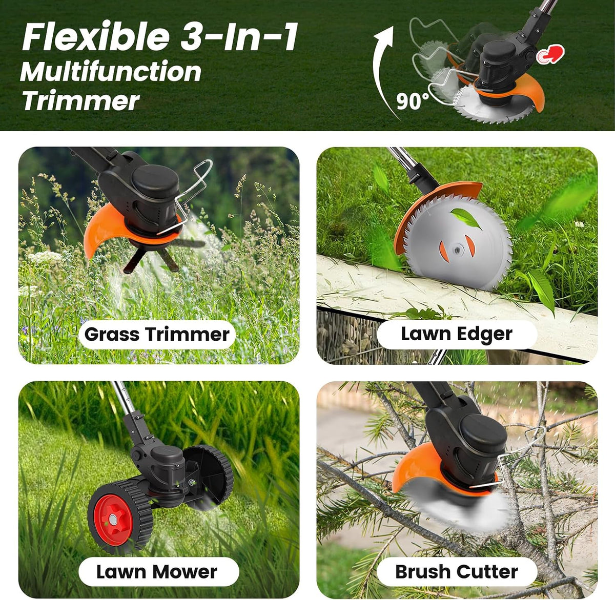 Cordless Weed Wacker 24V, 2 x 4.0Ah Battery Powered Weed Eater with Wheel | 3 in 1 Stringless Weed Trimmer