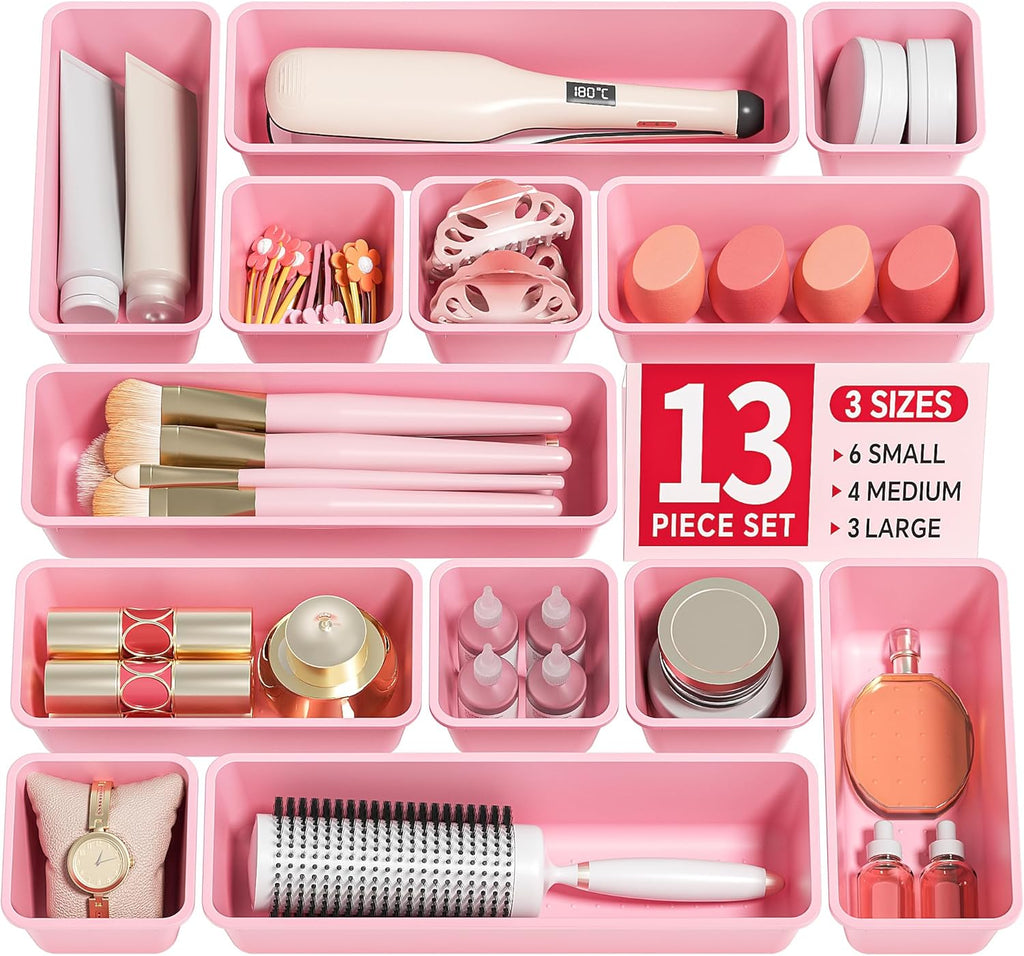 13 Pack Plastic Drawer Organizers Set, 3 Sizes Desk Drawer Organizer Trays for Vanity and Makeup Organizer