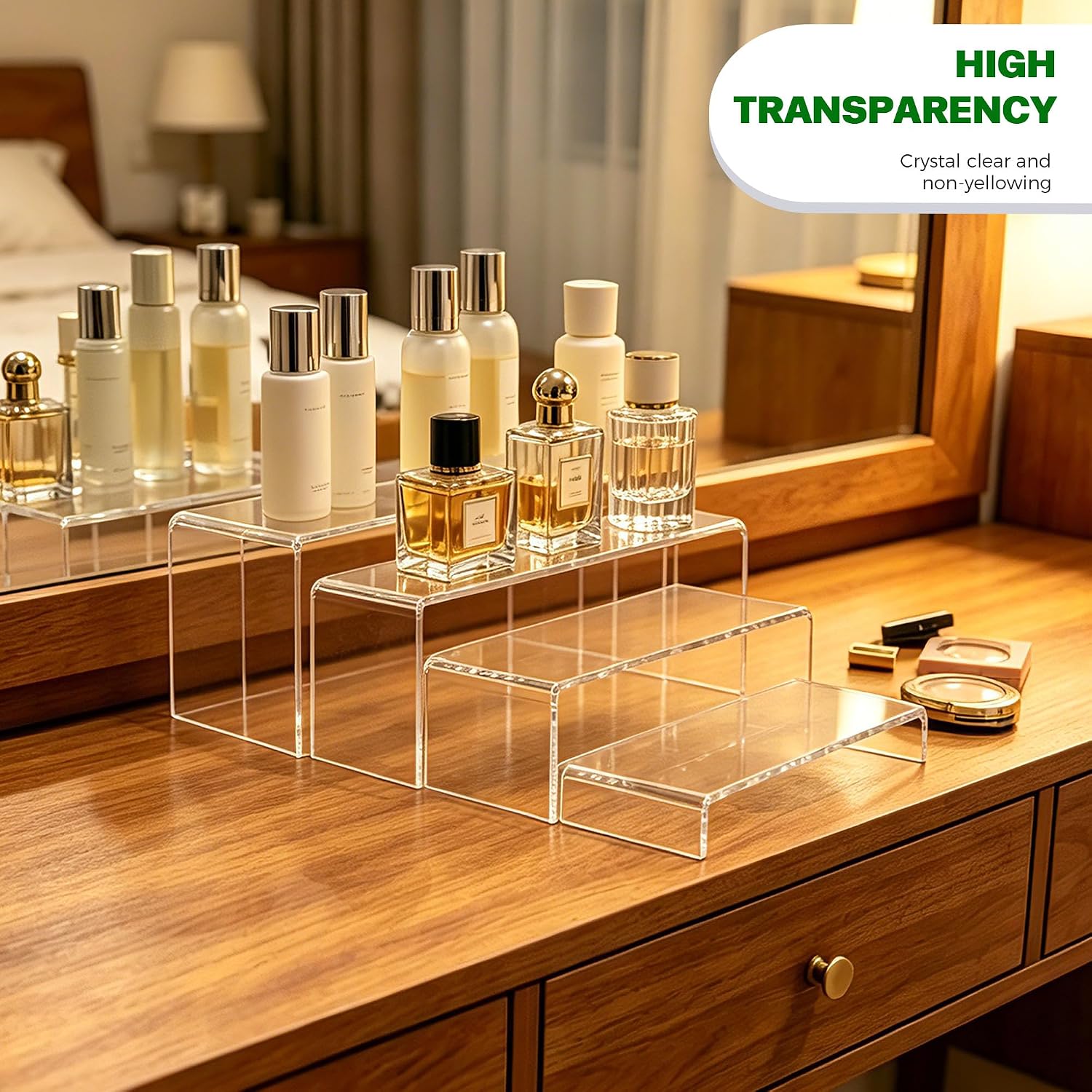 4-Pack Clear Acrylic Riser Stands – Tiered Rectangular Display Shelves for Perfume, Figures & Jewelry, 4 Graduated