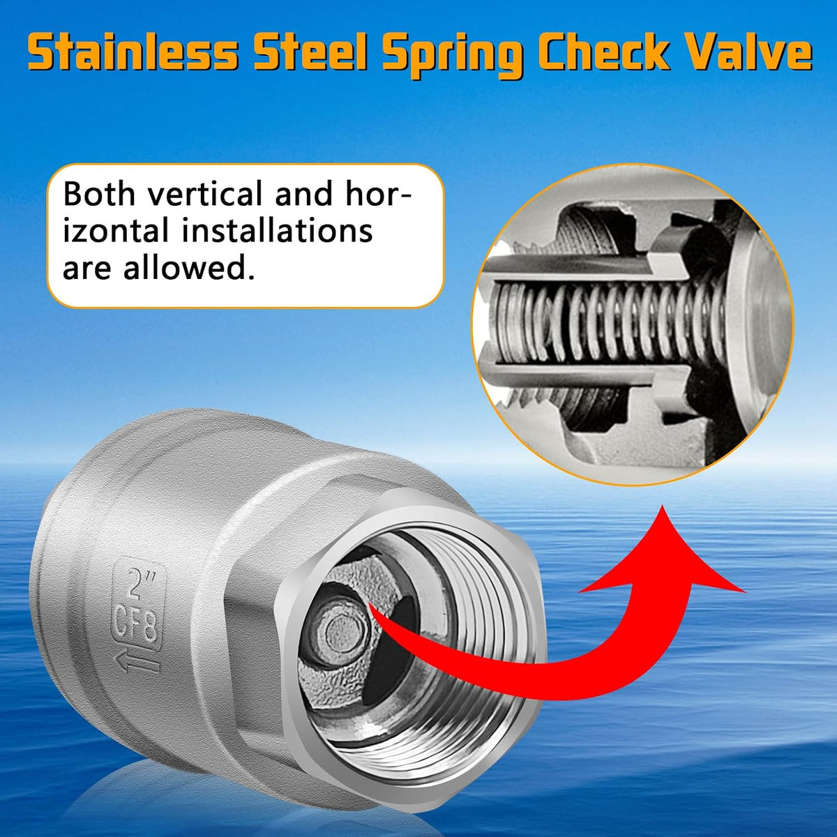 Boltigen 2 inch Spring Check Valve, 304 Stainless Steel CF8 Non Return One Way Horizontal Check Valve, Vertical Inline Water Check Valve for Well, Pump, Tank, Backflow Prevention, WOG 1000