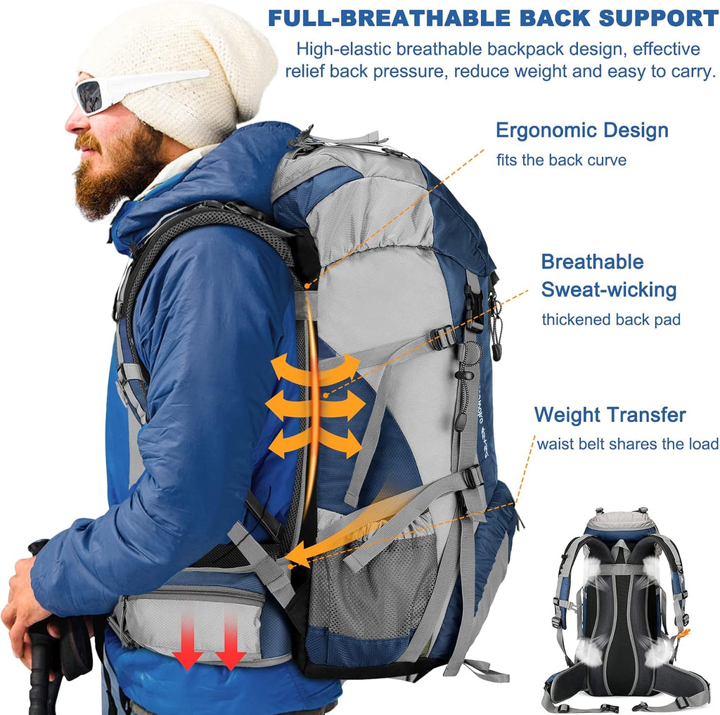 50L Hiking Backpack, Waterproof Camping Essentials Bag with Rain Cover, 45+5 Liter Lightweight Backpacking Back Pack