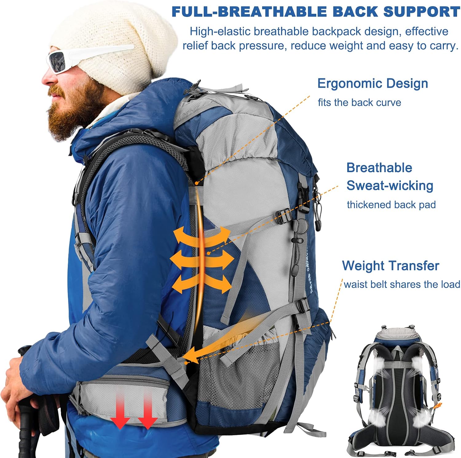 50L Hiking Backpack, Waterproof Camping Essentials Bag with Rain Cover, 45+5 Liter Lightweight Backpacking Back Pack