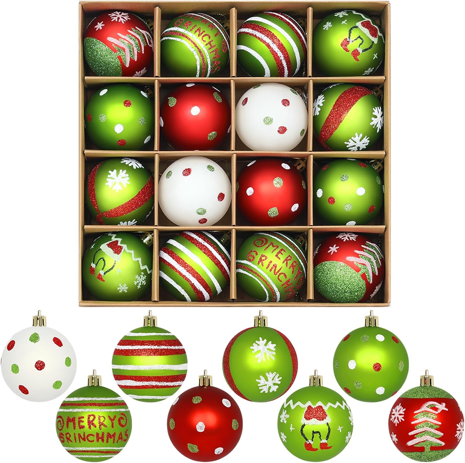16 Christmas Tree Balls Ornaments Decoration 2.36'', Sparkly Red and Green | Pre-Strung/Shatterproof Christmas Indoor