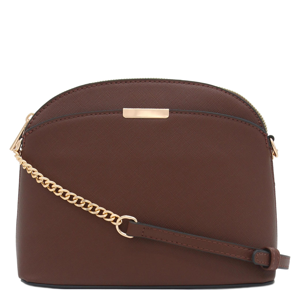 Saffiano Small Dome Crossbody bag with Chain Strap (Coffee)