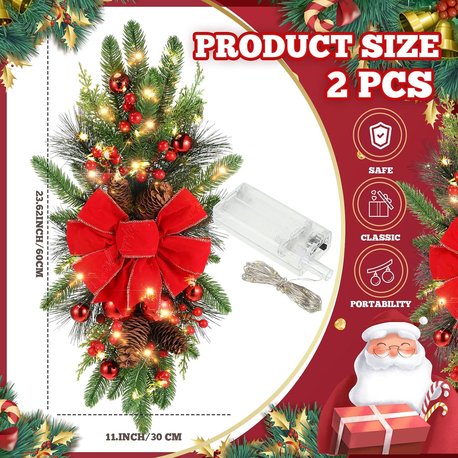 2 Pack Christmas Artificial Swags 24" Xmas The Cordless Prelit Stairway Swag Teardrop Trim Wreath Door Stair Garland