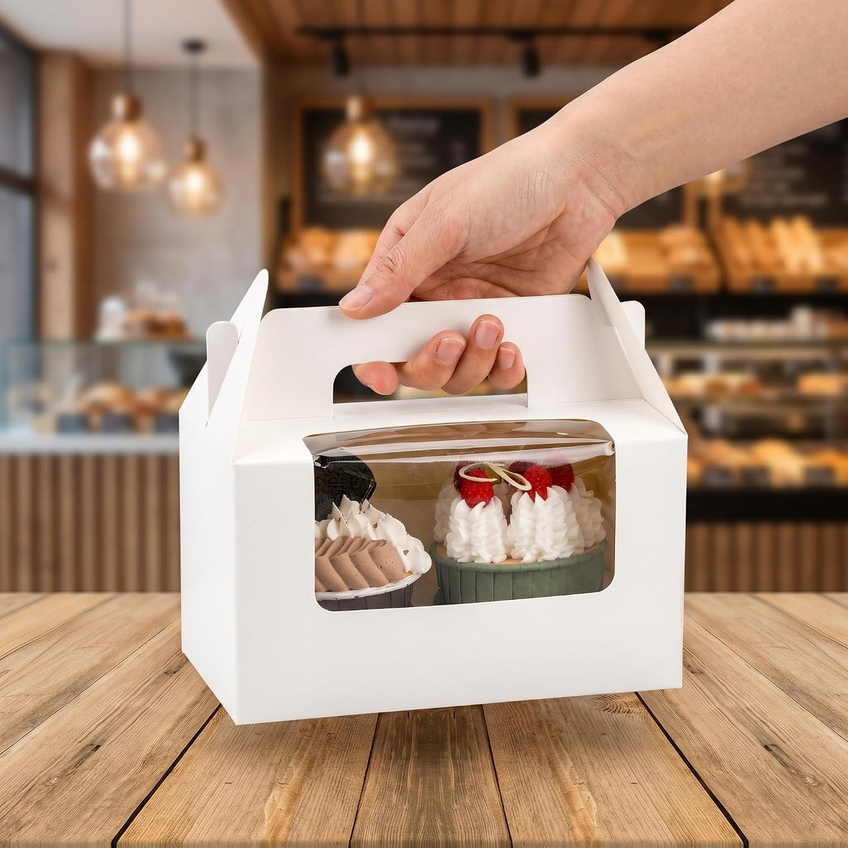 60 Pack 2 Count White Paper Cupcake Boxes with Insert, Handle and Window, Portable Cupcake Muffin Containers, Gable