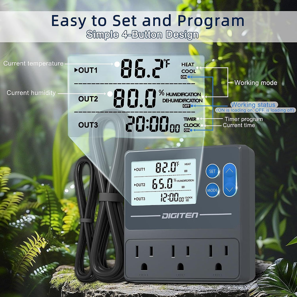Reptile Temp & Humidity Controller with Timer Outlet | Temperature Control, Humidity Control, Timer, 3-Stage Outlet