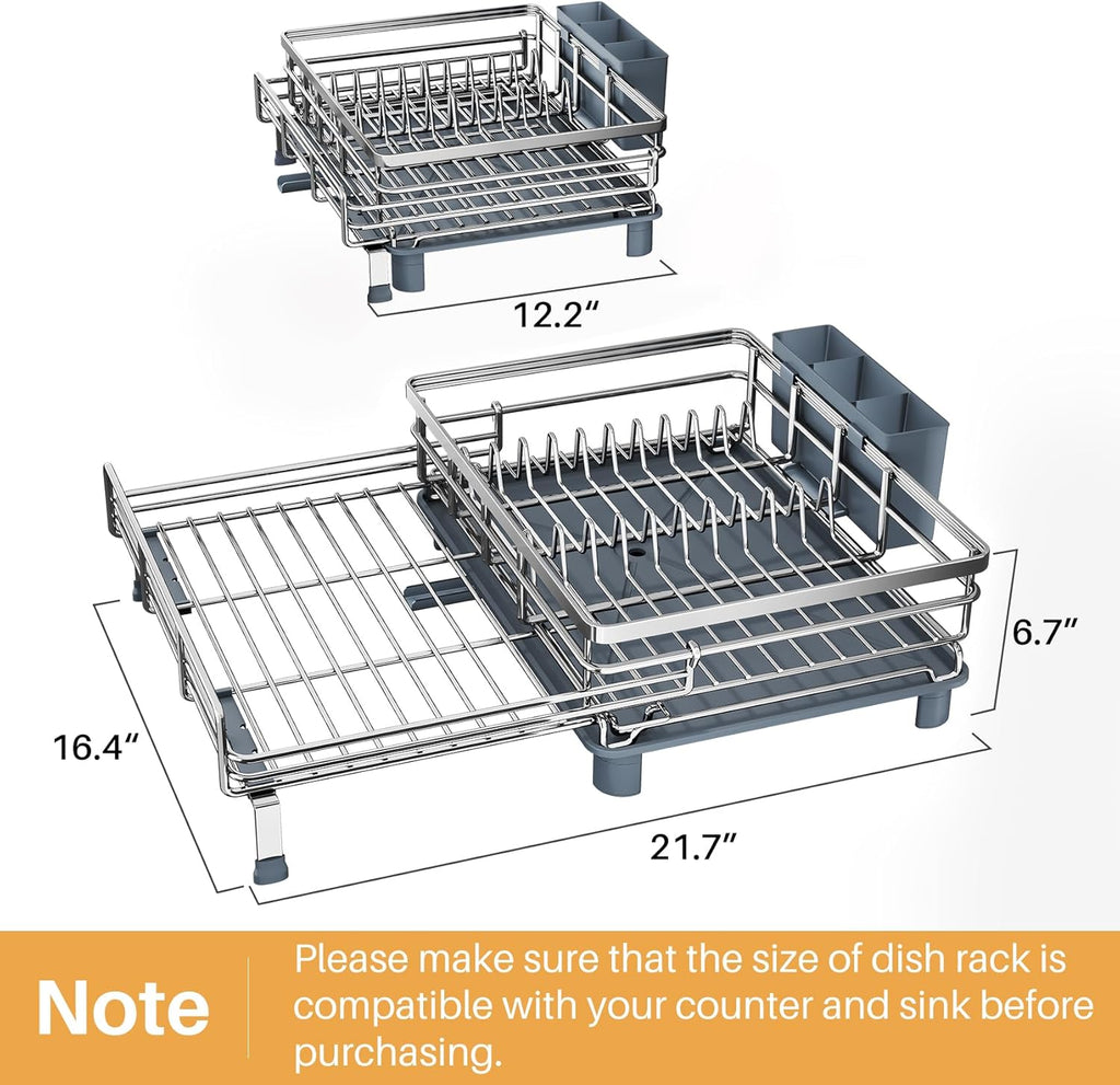 Expandable Dish Drying Rack for Kitchen Counter, Stainless Steel, Silver