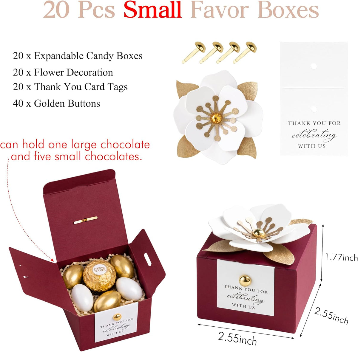 20 PCS Small Favor Boxes, Burgundy Candy Boxes 2.55x2.55x1.77