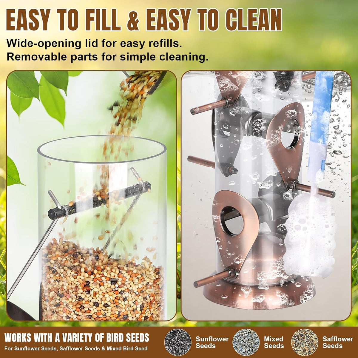 Bird Feeder for Outdoors Hanging, 13" Clear Tube, Copper