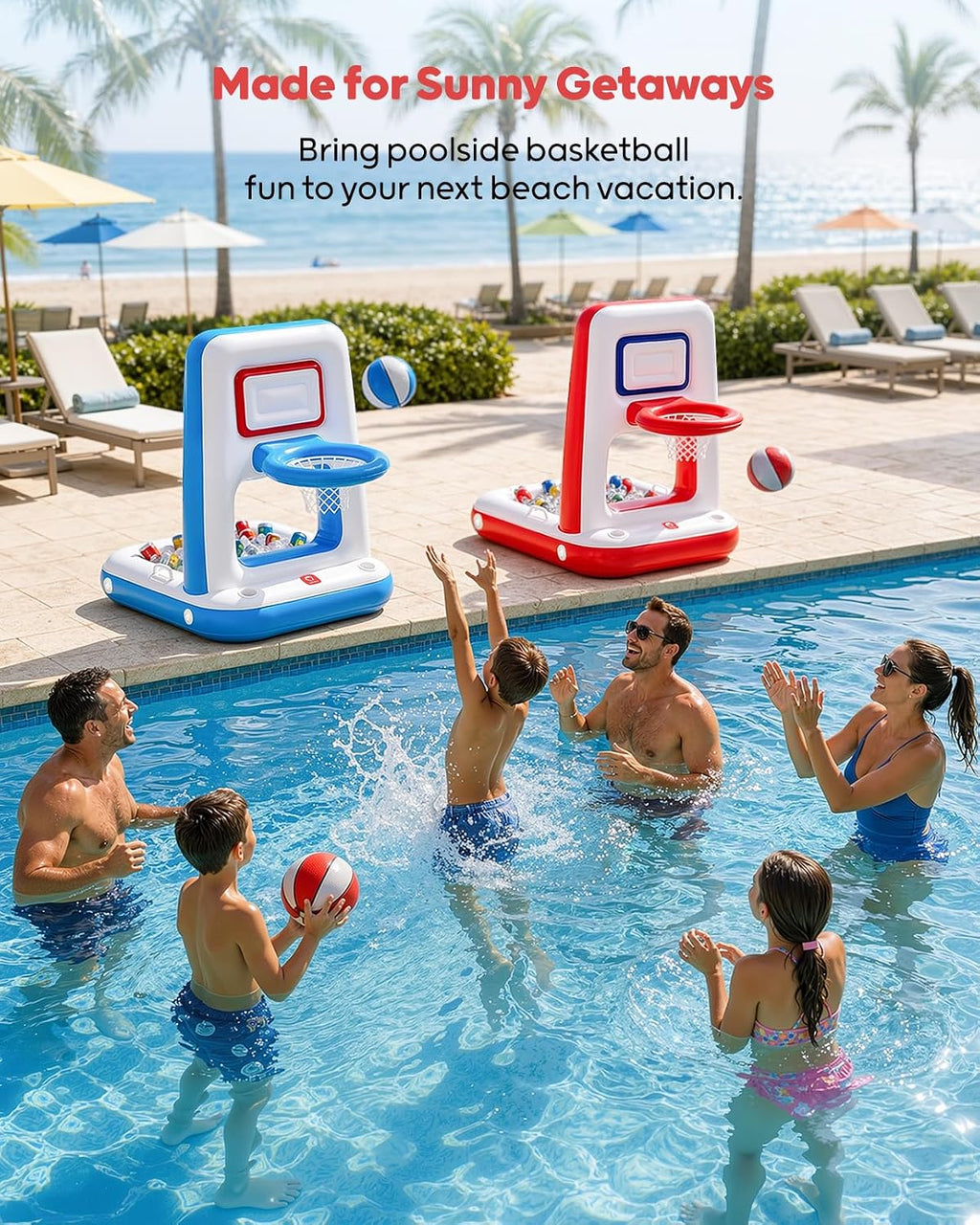 Pool Basketball Hoop with Built-in Cooler, 42" Poolside & Floating Inflatable Basketball Hoop for Family Pool Party —
