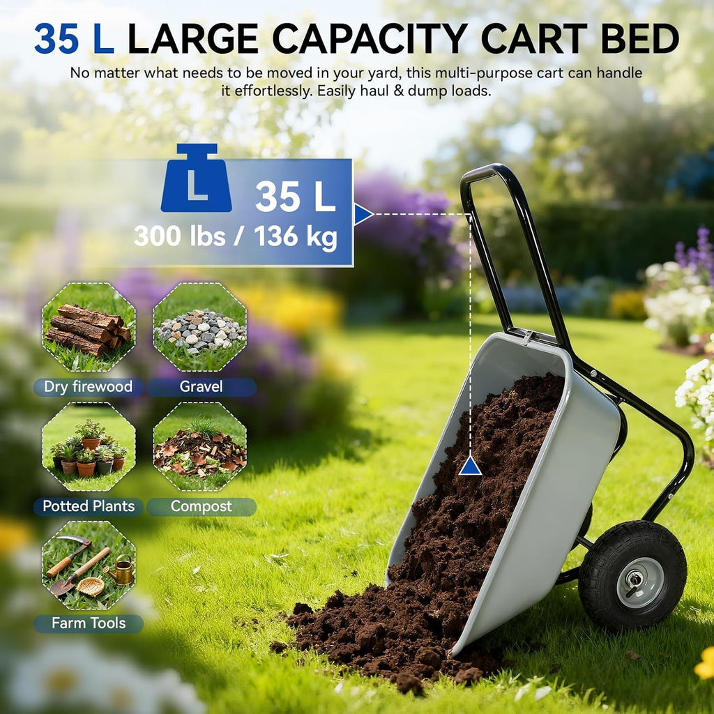 Dual Wheel Garden Wheelbarrow,Heavy Duty Yard Cart with 10“/15" Pneumatic Tires, Rustproof Poly Tray & Steel Handle