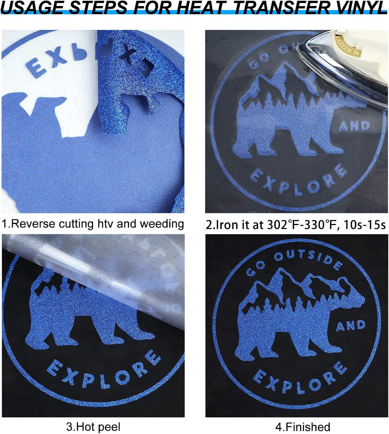 Heat Transfer Vinyl Roll - Glitter HTV Vinyl Adhesive Blue Iron on Vinyl for T Shirt (Blue Glitter, 12inch x 5feet)