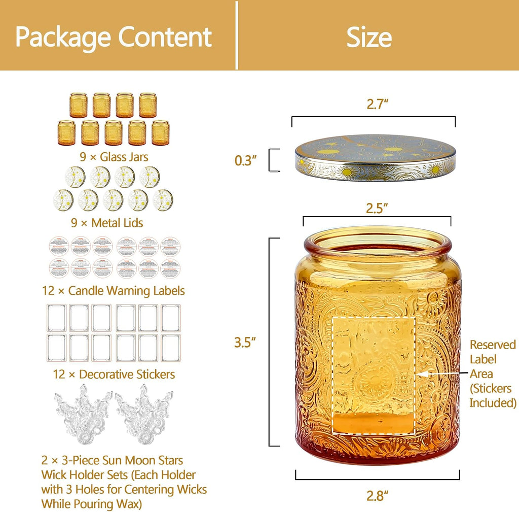 8 oz Orange Sun Moon Stars Candle Jars with Metal Lids, 9 Pack | Patented Embossed Design, Includes Wick Centering