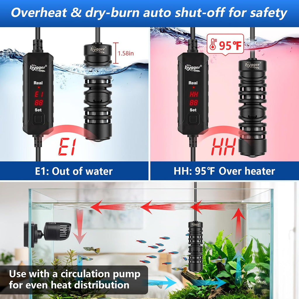 50W Small Aquarium Betta Heater for 5/6/7/8/9/10 Gallon Fish Tank,Submersible Fish Tank Heater with LED Digital