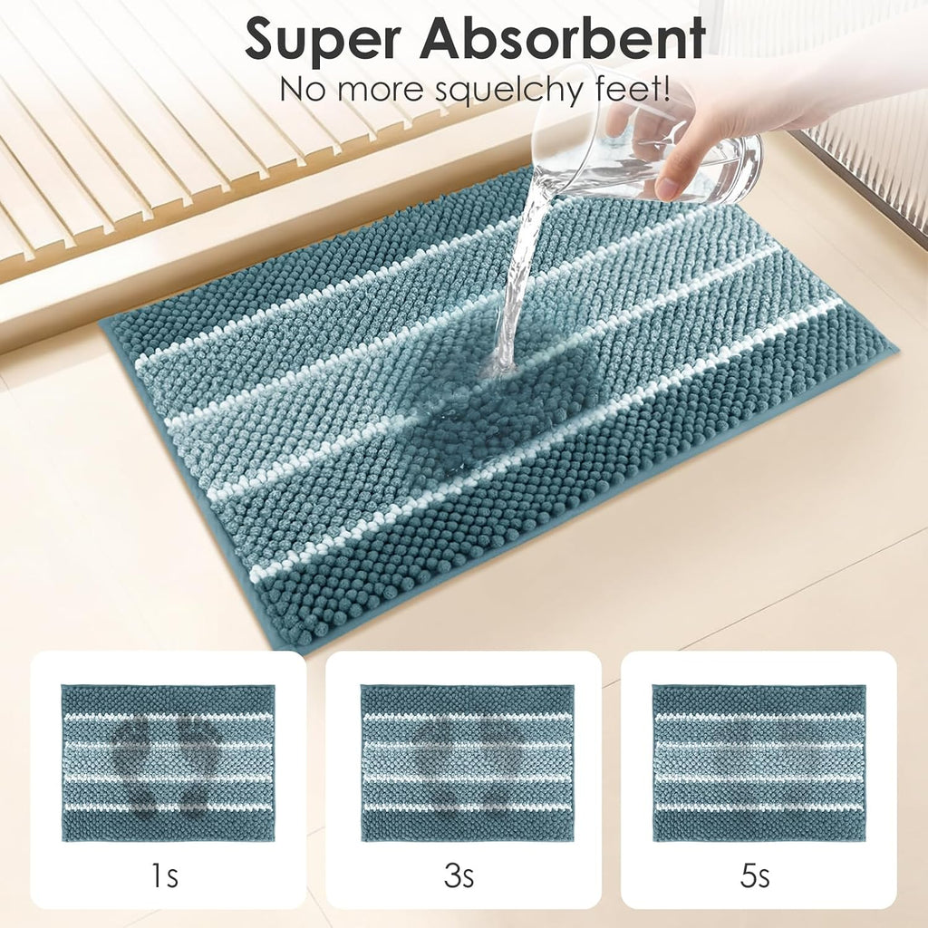 Chenille Bathroom Rugs 3 Pieces, Blue, 17"×24", 20"×32", 20"×24" | Extra Thick Absorbent Non-Slip Bath Mats with