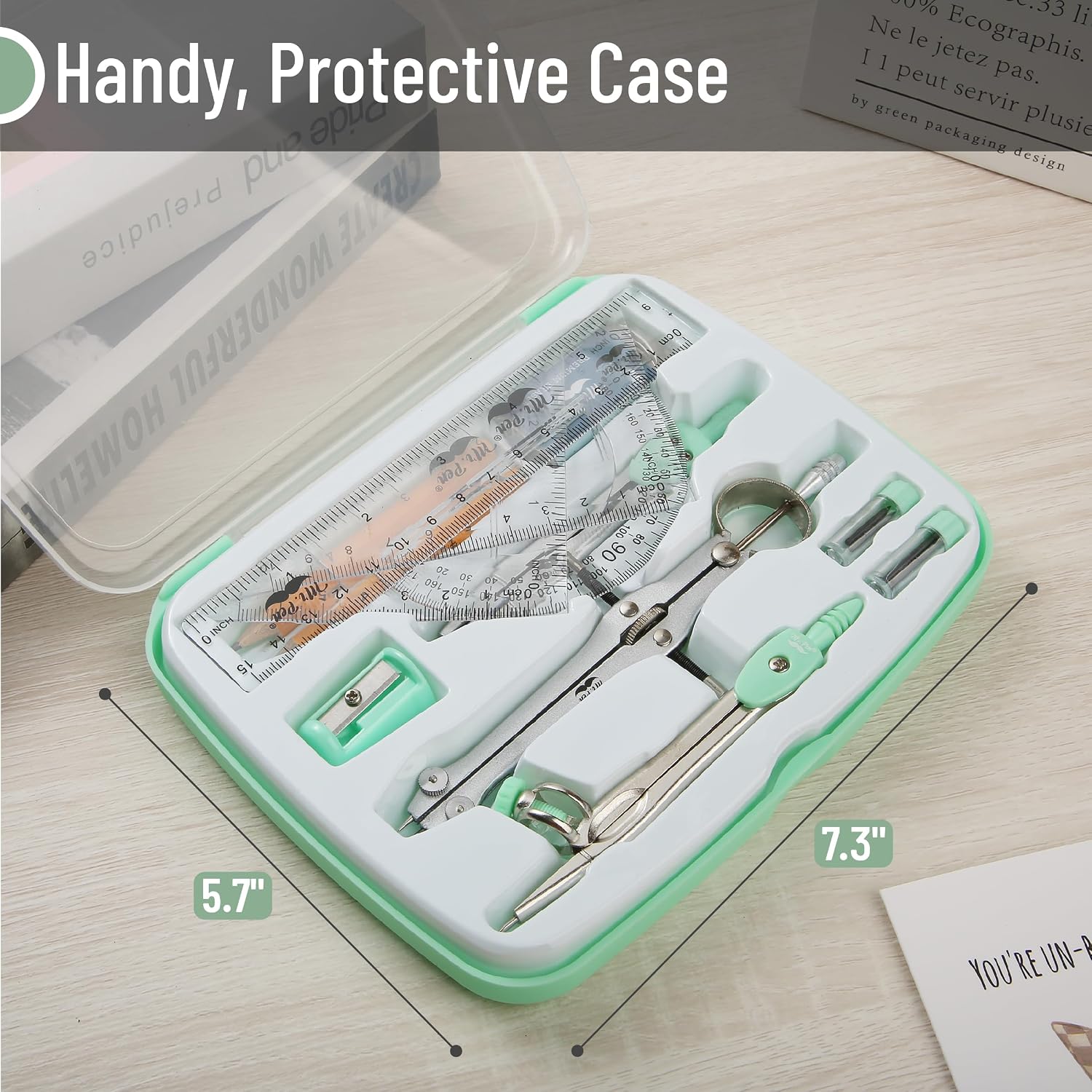 Geometry Set, 13 pcs, 3 Metal Compasses, Protractor, 6" Ruler | 45° & 30°/60° Set Squares, Pencils, Lead Refills