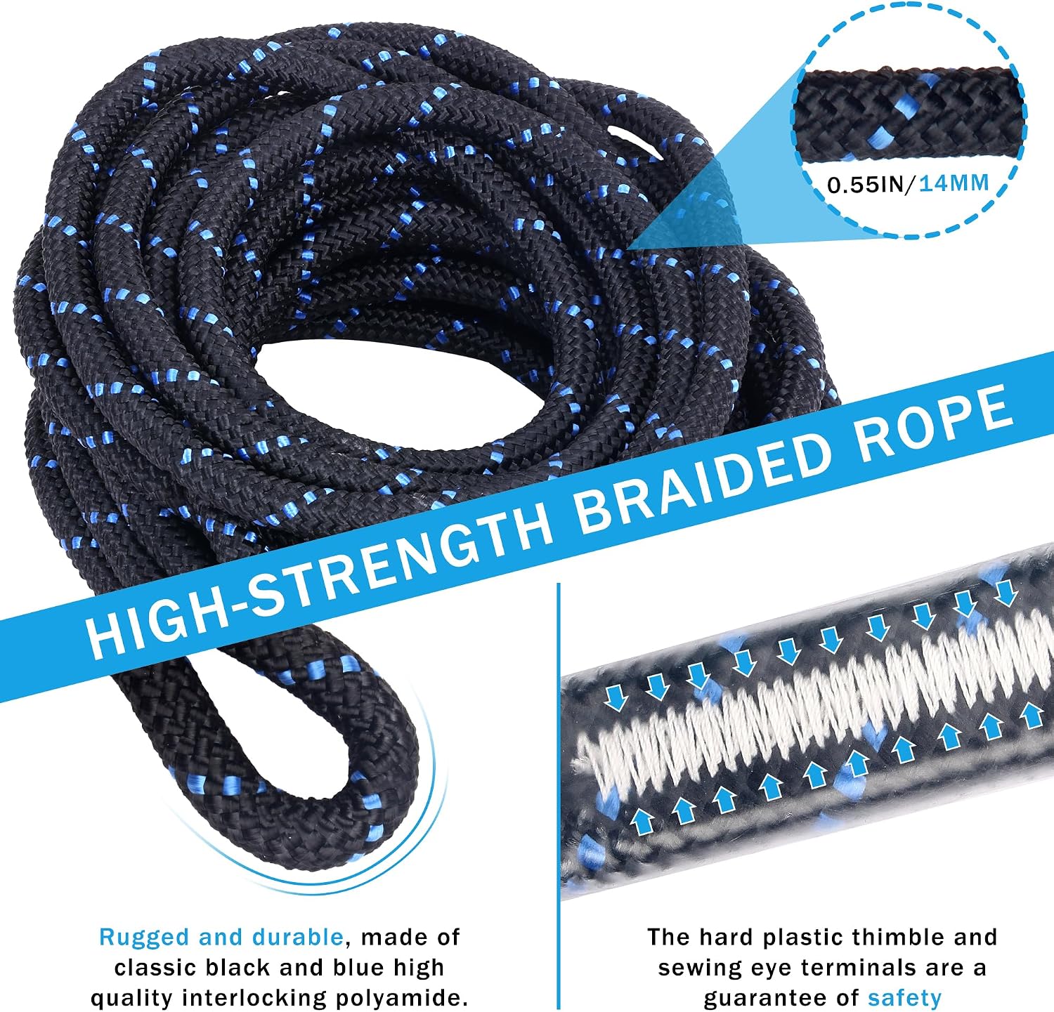 50FT Vertical Lifeline Assembly with Alloy Steel Anti-Panic Rope Grab Snap Hook Shock Absorb Lanyard, Fall Protection