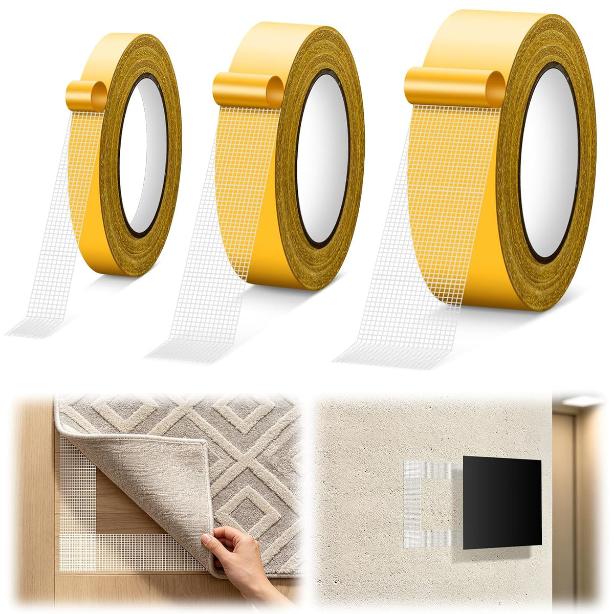 High Tack Double Sided Mesh Tape, 3 Roll Value Pack (0.4", 0.8" & 1.2" X 33ft)