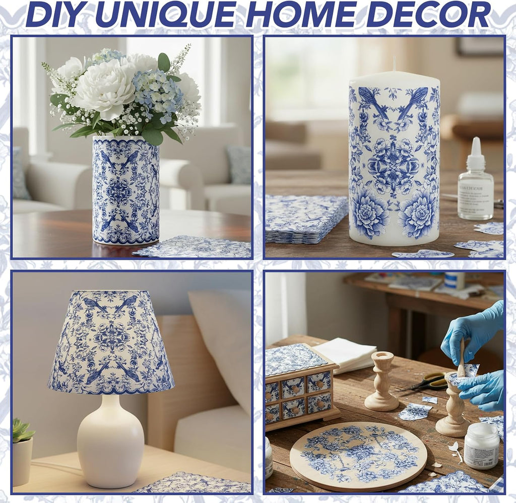100 Pcs Blue Floral Napkins, 5 x 5 In Scalloped Cocktail Napkins