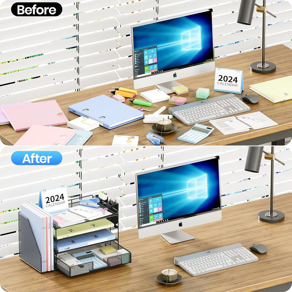 Desk Organizer, 4-Tier Desktop File Organizer with Drawer and 2 Pen Holders, Office Desk Accessories, File Sorters