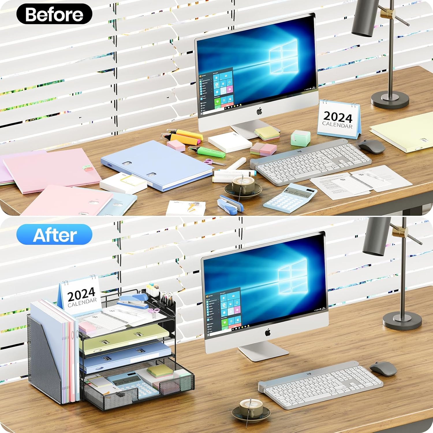Desk Organizer, 4-Tier Desktop File Organizer with Drawer and 2 Pen Holders, Office Desk Accessories, File Sorters
