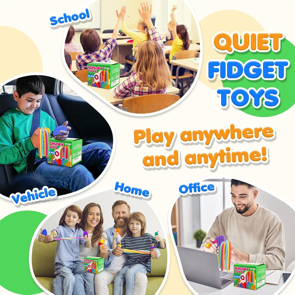Fidget Sensory Toys for Kids: 26 Pack Quiet Squishy Fidgets for Classroom Students Prizes- Textured Soft Fidget Rings
