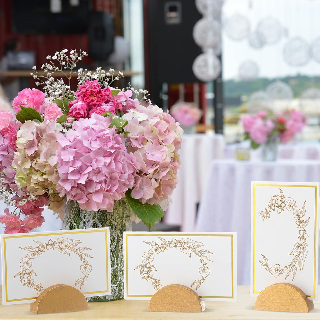 24 Pcs Wooden Table Number Stands with Tented Cards,Gold, White | Place Card Holders for Weddings, Semicircle Wood