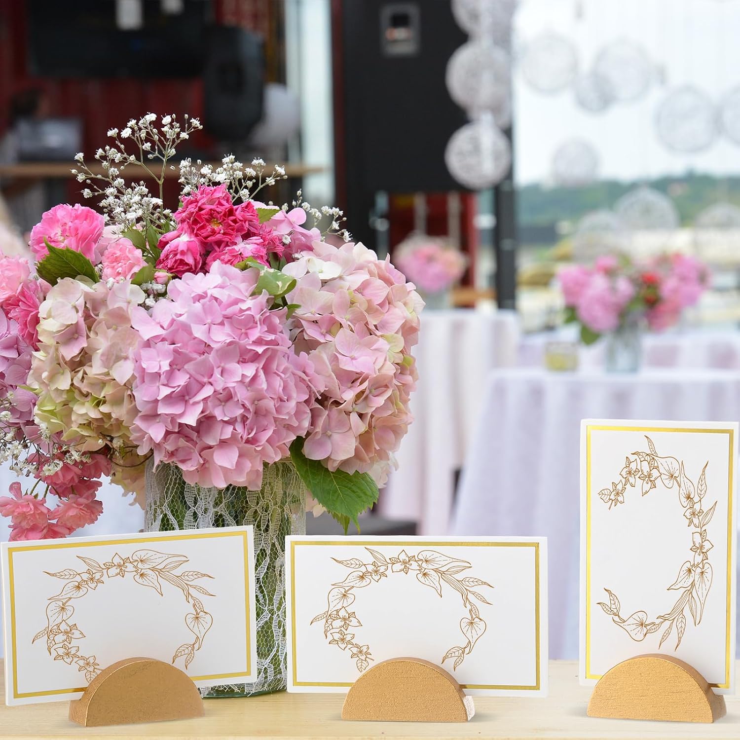 24 Pcs Wooden Table Number Stands with Tented Cards,Gold, White | Place Card Holders for Weddings, Semicircle Wood
