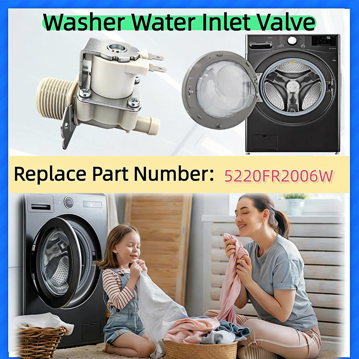 5220FR2006W Washer Water Inlet Valve, Washing Machine Water Flow Control Valve Replacement Part, Compatible with Select Washer Models (F3K7CYK2S, WM3600HVA, WM3700HWA etc) LZXQYMX