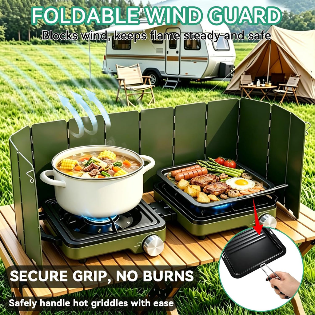 2 Burner Portable Camp Stove, 24000 BTU Propane Camping Stove with Windshield, Folding Gas Stove with Carry Bag