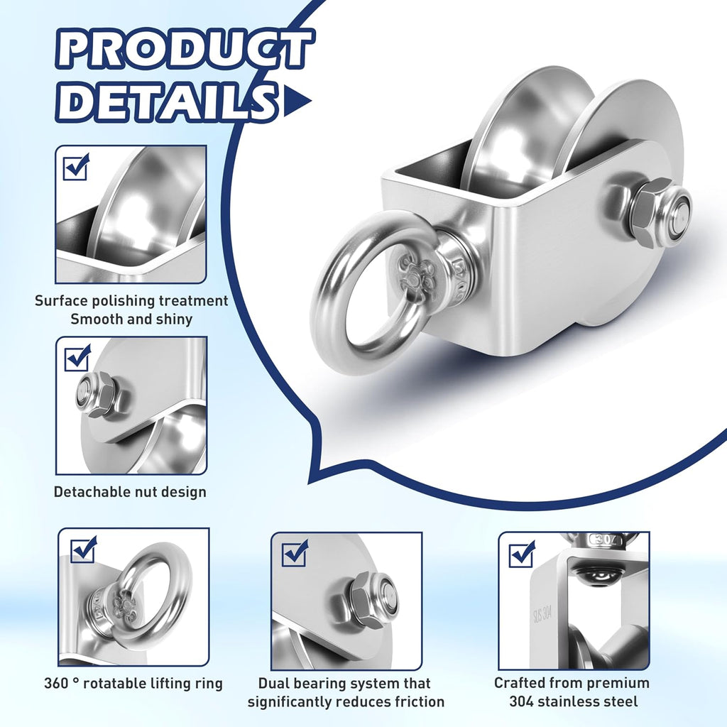 1 Pack 48mm U Groove Cable Pulley Wheel,304 Stainless Steel Swivel Pulley