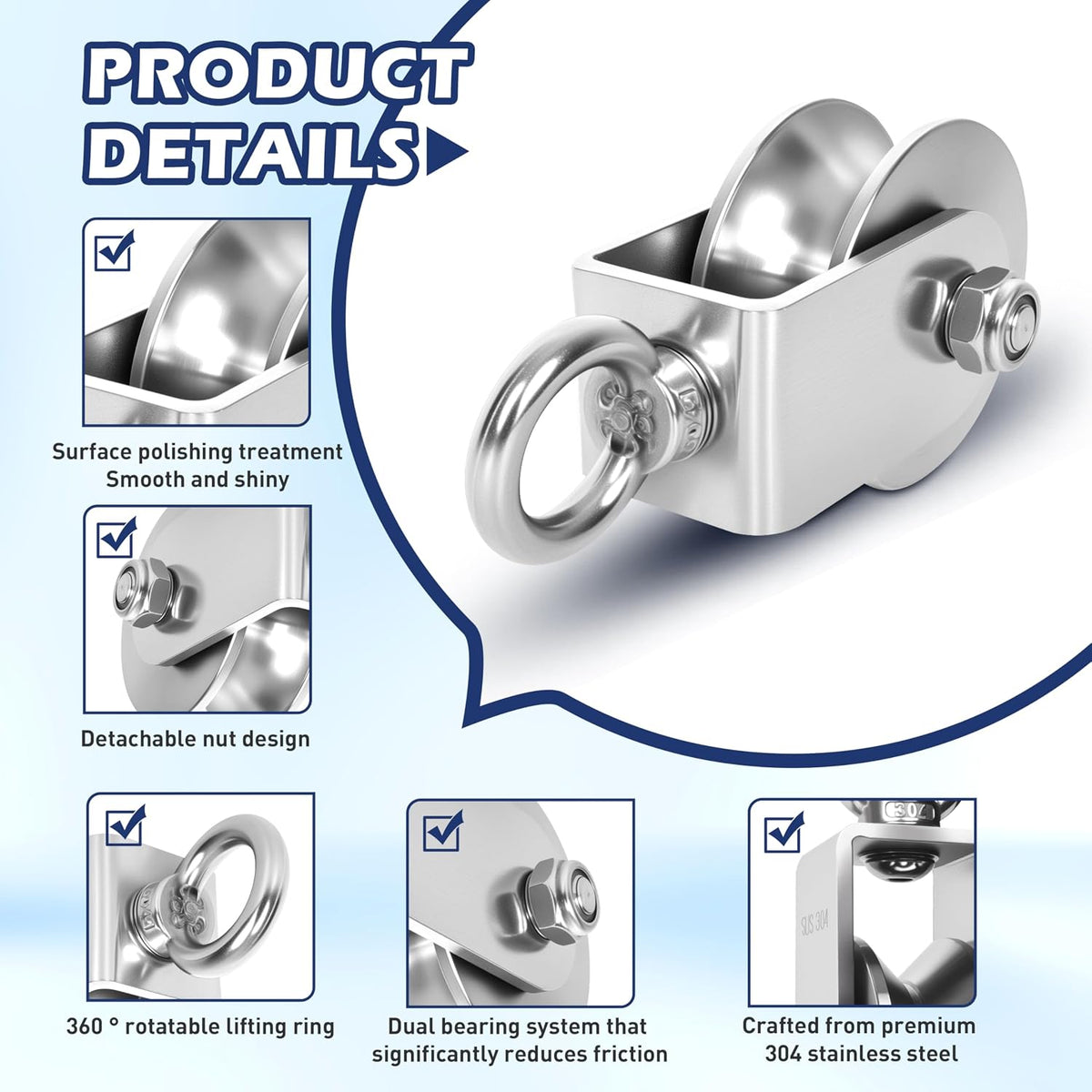 1 Pack 48mm U Groove Cable Pulley Wheel,304 Stainless Steel Swivel Pulley