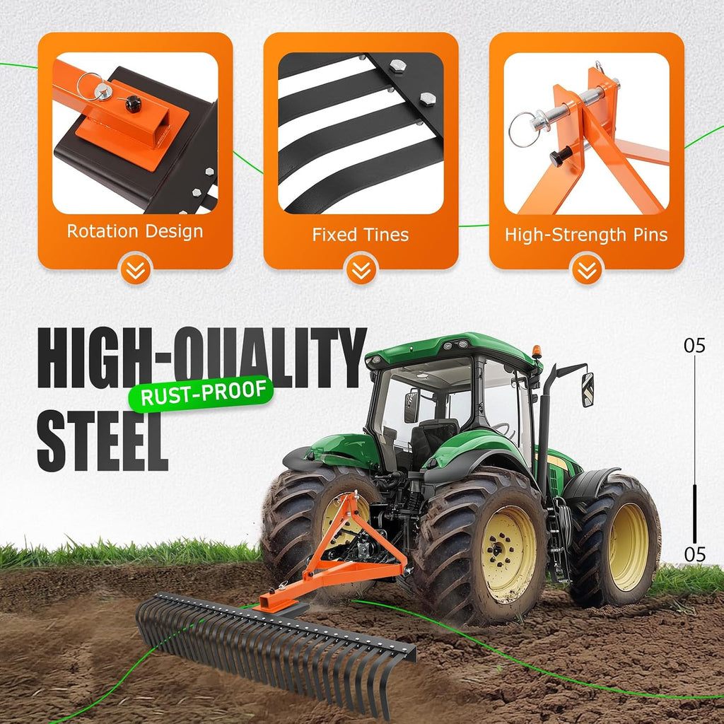 60 in Landscape Rake, 3 Point Rake Compatible with Category-1 Tractor, 360 Degree Rotation Tow-Behind Garden Tool for