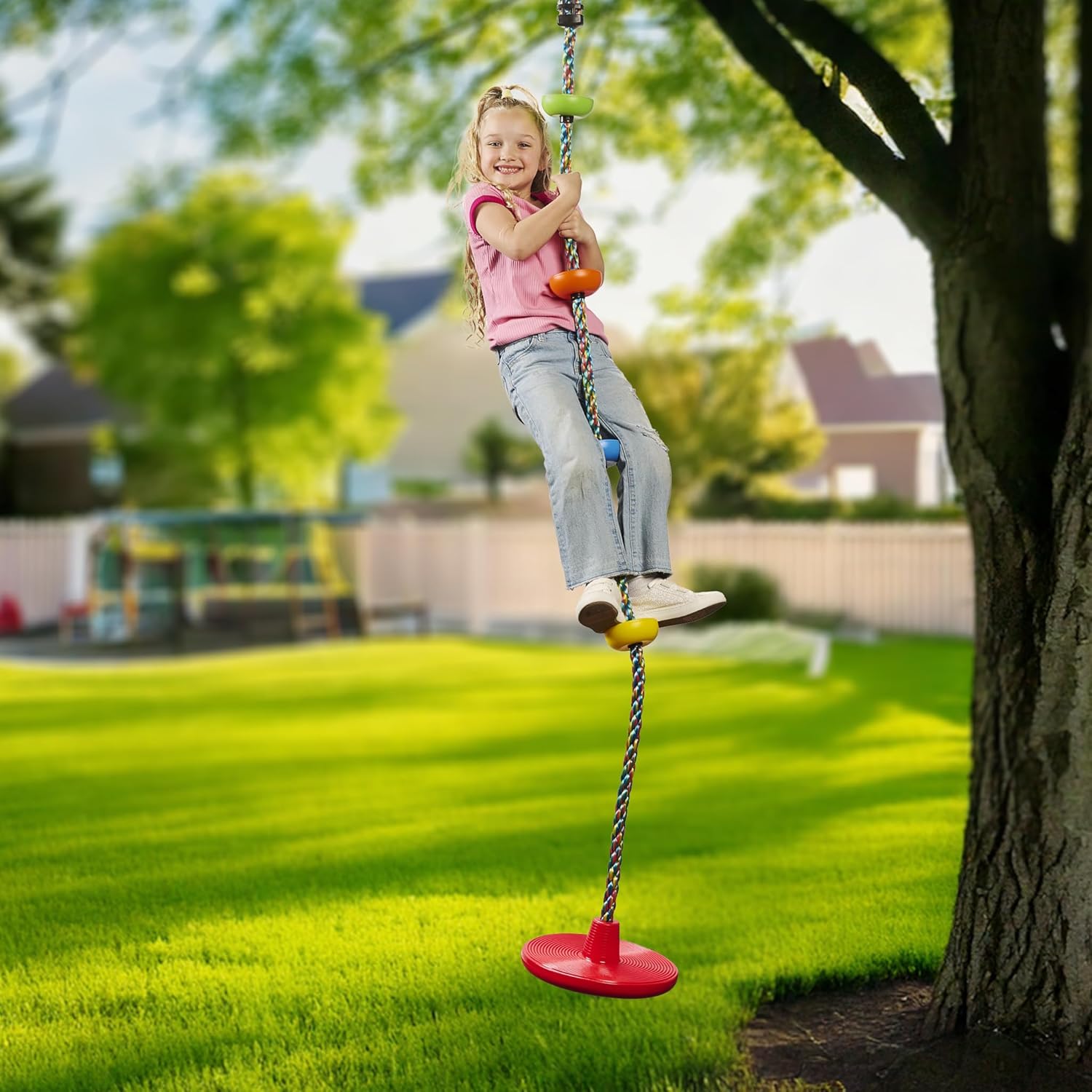 Tree Swing for Kids - Single Disc Seat and Rainbow Climbing Rope Set w/Carabiner and 4 Foot Strap - Treehouse and