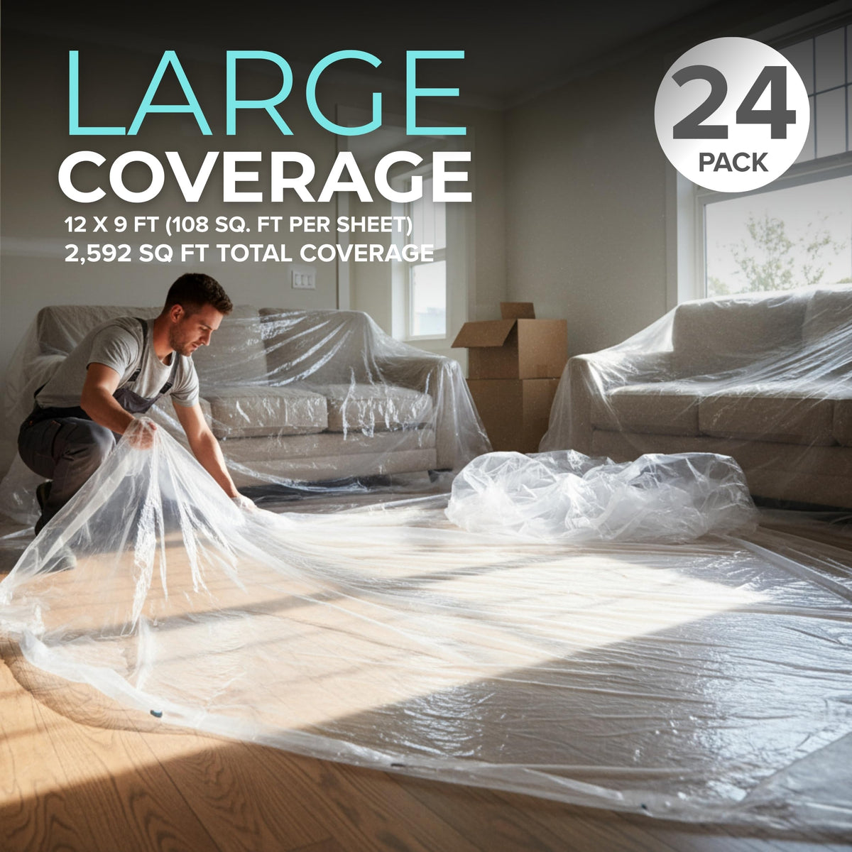 12 x 9 Ft Drop Cloths (24-Pack) – Plastic Sheeting & Painters Plastic Tarps for Painting, Waterproof Floor &
