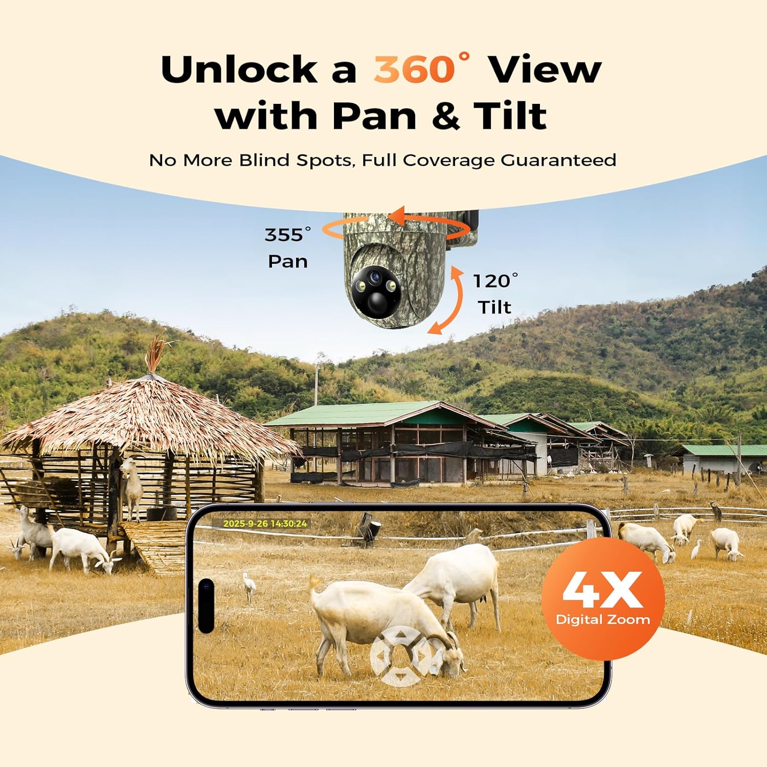 4G LTE Cellular Trail Cameras, 360° View Live Streaming Solar Cam | Game Camera Built-in SIM Card, PIR Motion