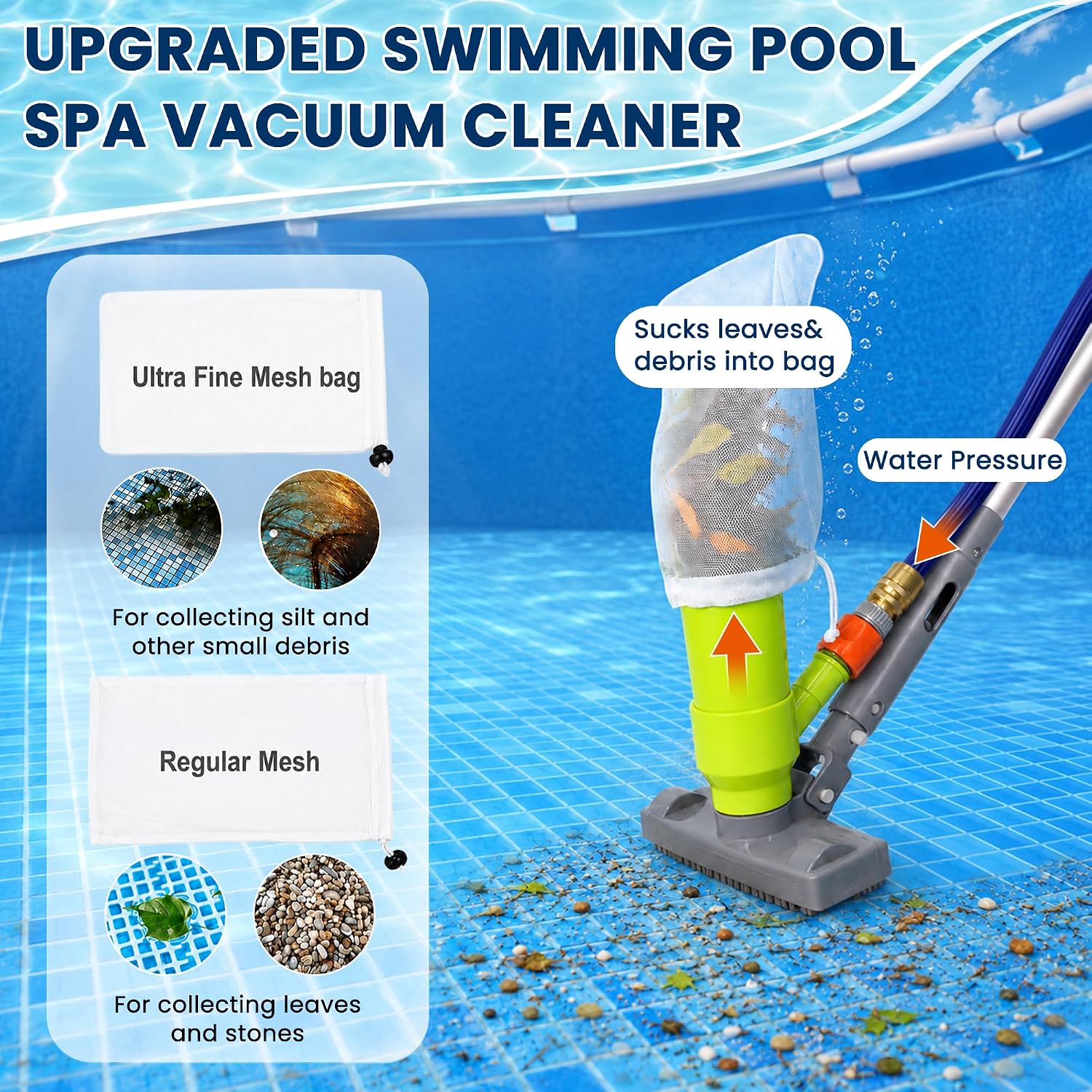 Deluxe Swimming Pool Cleaning Kit with Spa Jet Vacuum Cleaner,Brush, Semi-deep Skimmer Net & Adjustable 57.5-inch