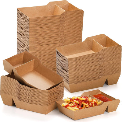 100 Pack Food Serving Tray, 2 Compartment Disposable Kraft Nacho Boat Tray, Grease Resistant Heavy Duty Paperboard