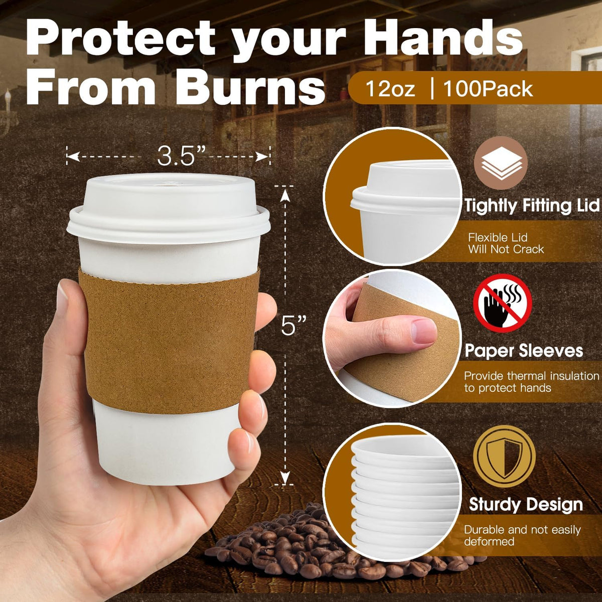 100 Pack 12 oz Leak-Proof Coffee Cups with Lids and Sleeves