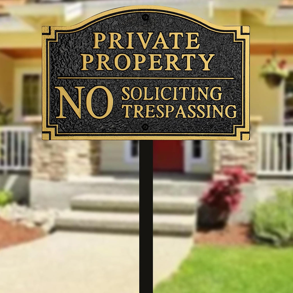 Private Property No Soliciting No Trespassing Cast Metal Yard Sign | Heavy Duty 11.5" × 7.5" Statement Plaque with