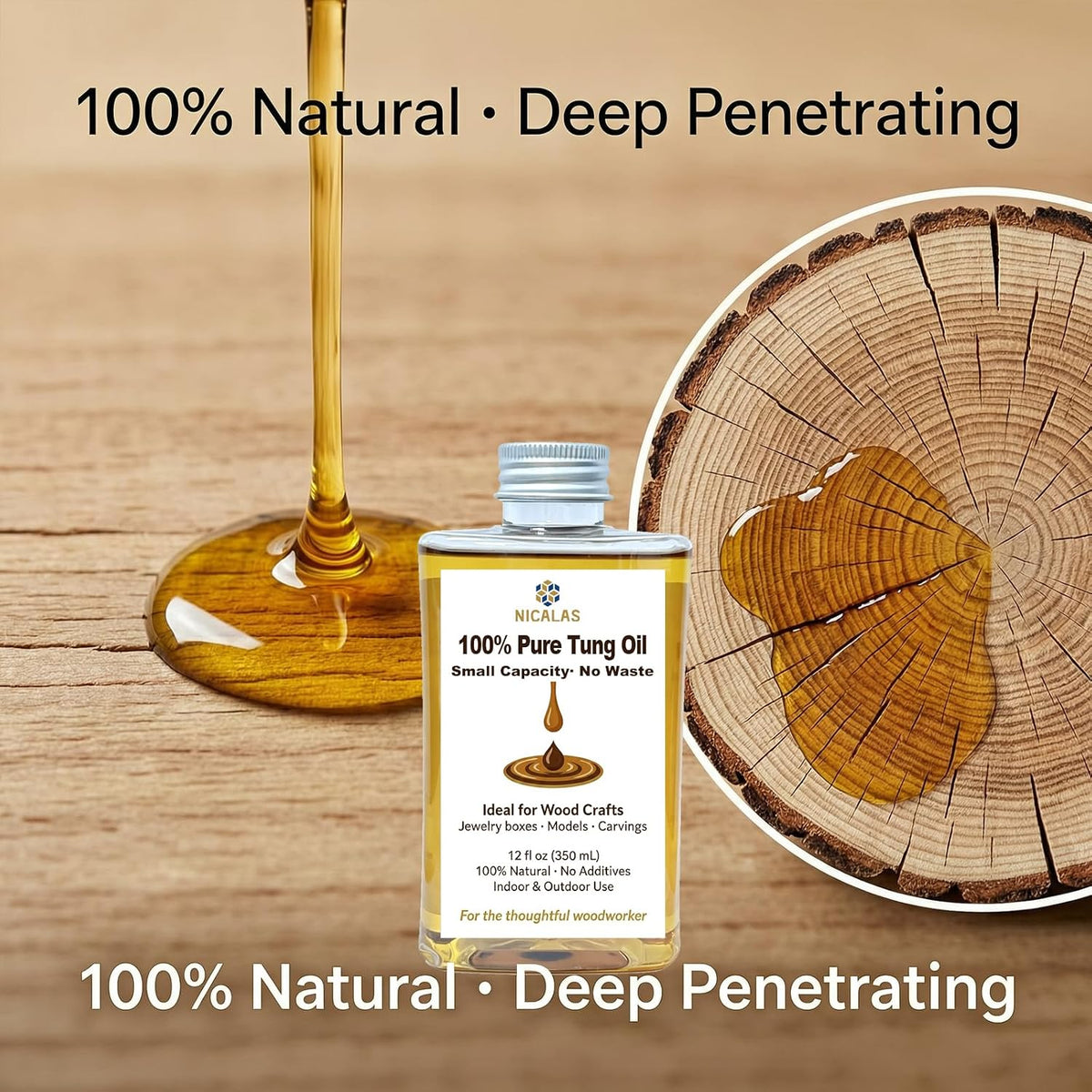 Pure Tung Oil 12oz, Natural Wood Finish for Furniture & Floors