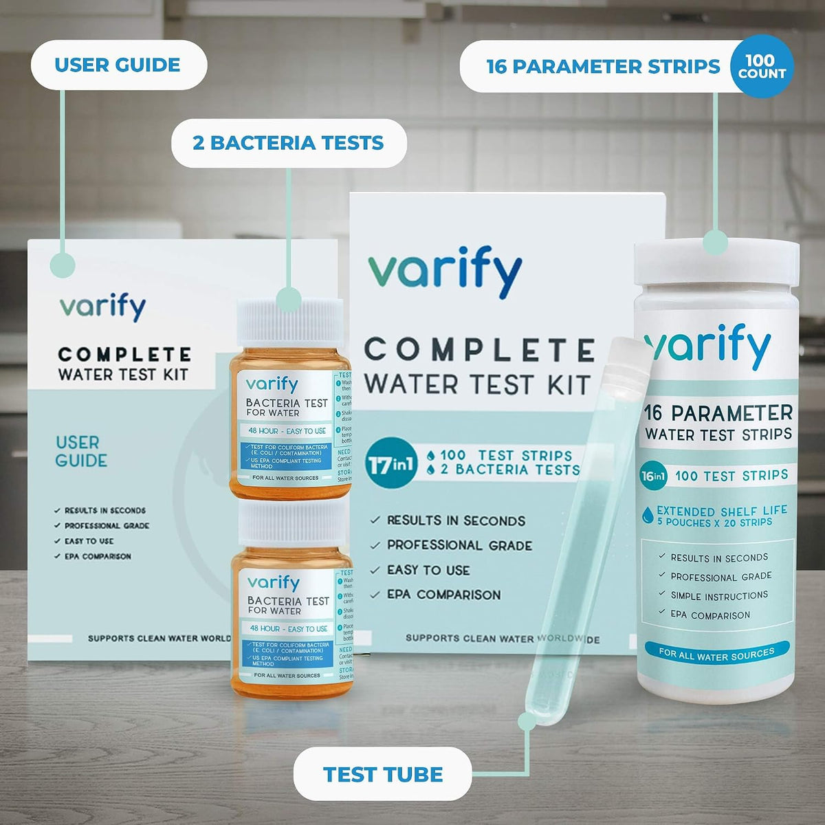 17in1 Complete Drinking Water Test Kit - 100 Strips + 2 Bacteria Tester Kits - Well, Tap, Home, City Water Testing