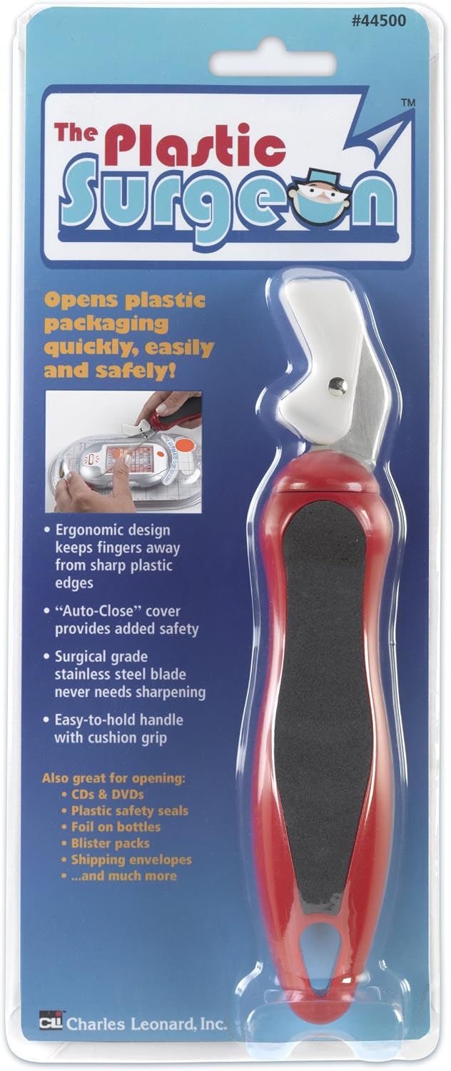 Plastic Surgeon, Hard Plastic Package Opener with Surgical Steel Blades, Red and Black (44500)